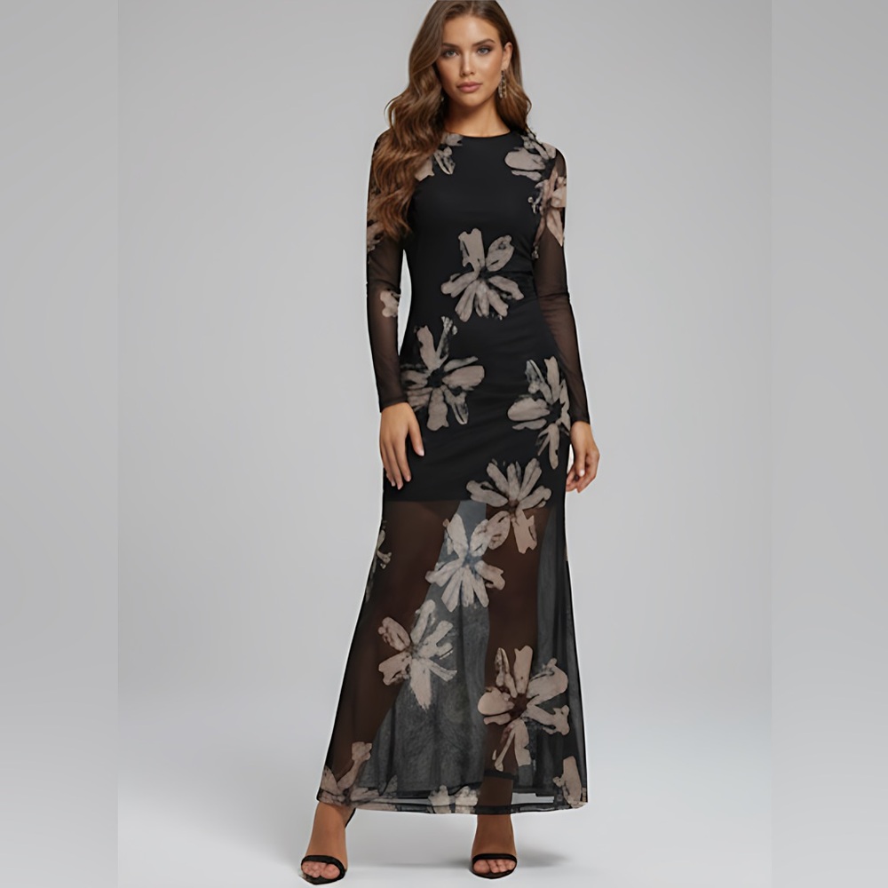 Floral Print Sheer Waist-Cinching Dress